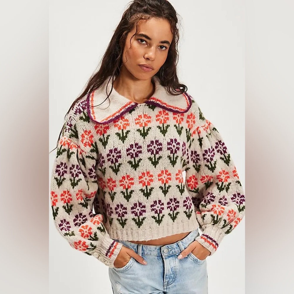 NWT Free People Frills Alpaca Softspun Sweater Floral Oatmeal Tulip Combo - Picture 1 of 5